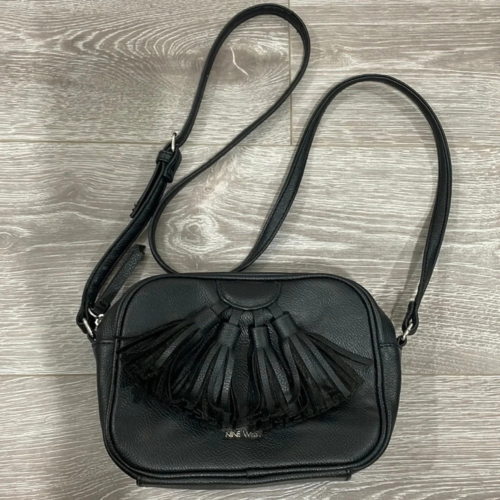 Nine West Black Faux Leather Crossbody Purse with Tassels